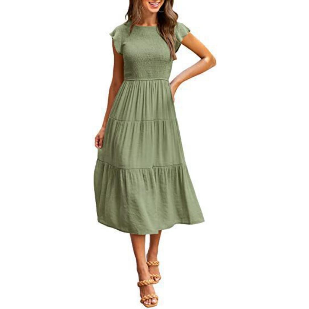 Women's Flutter Sleeve Smocked Tiered Midi Dress
