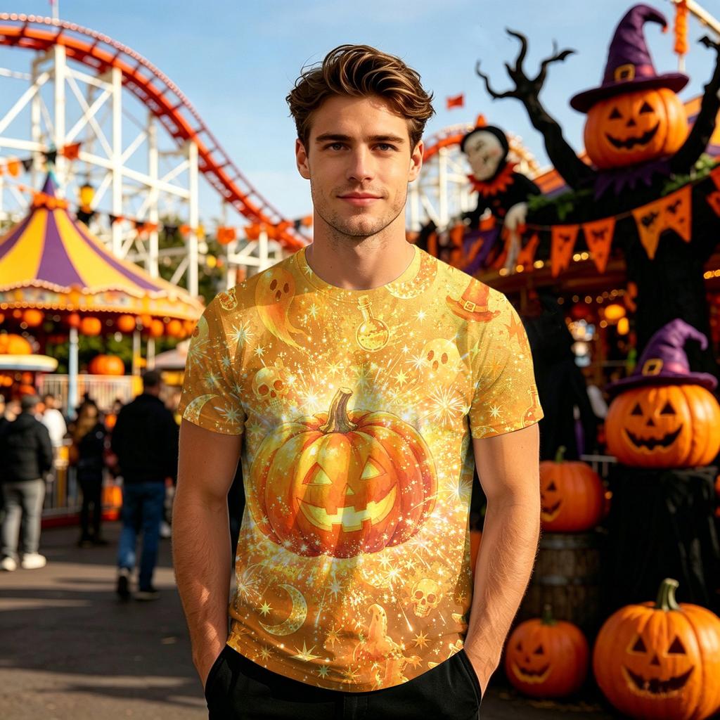 Unisex Halloween Graphic T Shirt Loose Fit Casual Short Sleeve Top Stained Glass Pattern Printed Tee for Everyday Wear