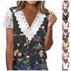 Women's Lace T-shirt Casual Printing Short-sleeved V-neck Lace Sleeve Patchwork T-shirt