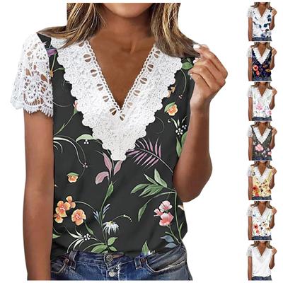 Women's Lace T-shirt Casual Printing Short-sleeved V-neck Lace Sleeve Patchwork T-shirt