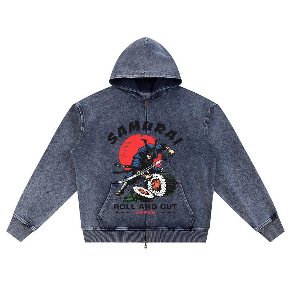 

DTG print Knitted Denim Zip-Up Hoodie Samurai cutting sushi Brother Print Zipper Hoodies XL темно-синий