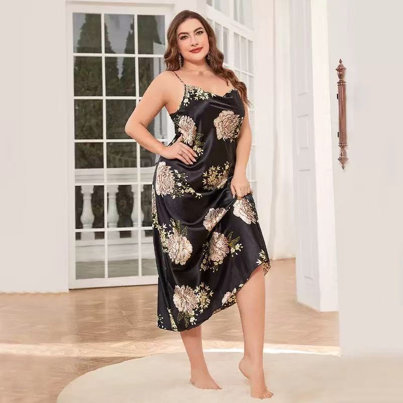 

Summer Fat and Plus Size Ice Silk Sleepwear Casual Sleepwear Sexy Printed Suspender Nightgown L чёрный