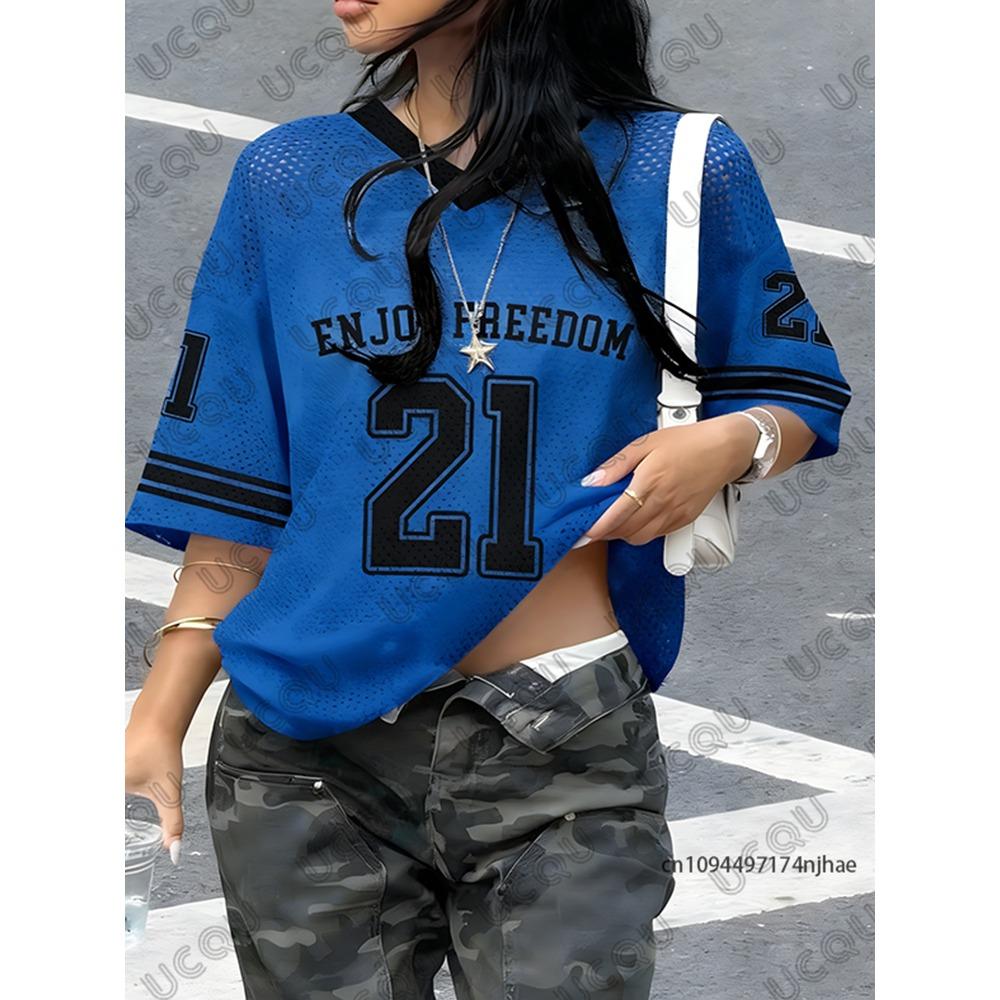 Summer New Black Enjoy Freedom 21 Print T-Shirt For Women V-Neck Short Sleeve Sports Football Jersey Y2K Loose Oversized Tops