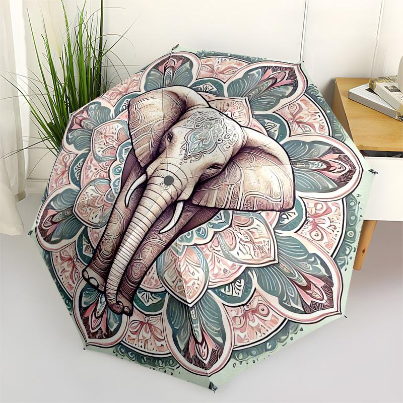 

1pc Elephant Mandala Artwork Umbrella with Plastic Handle,Vibrant Cartoon Pattern,Multi-functional UmbrellaPT032