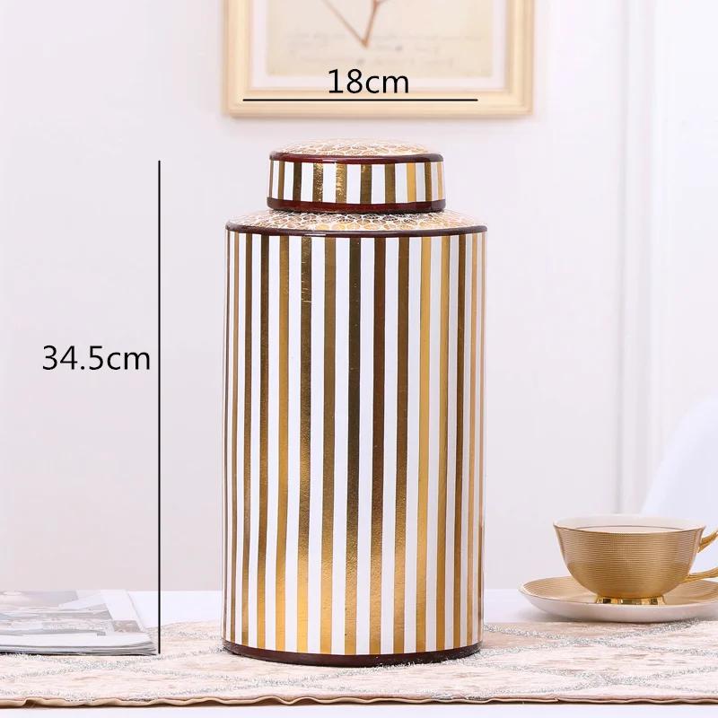 Creativity Ceramics Vase with Cover Golden Stripe Modern Storage Jar Modern Home Desktop Flower Arrangement Vases Decoration