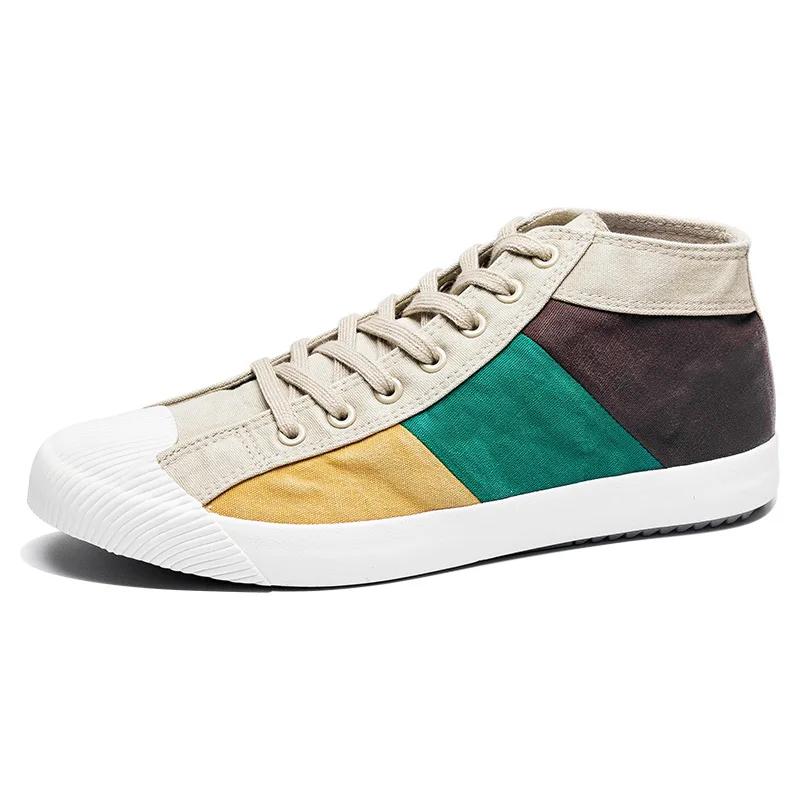 Men Colorblock Canvas Shoes Breathable Casual Shoes Loafers Soft Comfortable Outdoor Flat Shoes Male Lace-Up Plimsolls