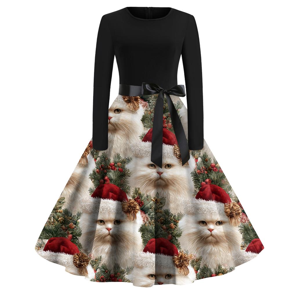 Women's Fashion Casual Round Neck Christmas Print Long Sleeve Dress