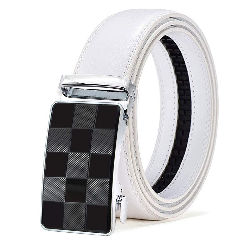 XsFireCow Stylish Black Leather with No for Business and Casual Wear White Golf Men's Auto-Lock Belt, Auto-Lock Buckle, Holes, 130cm, (02 Belt)