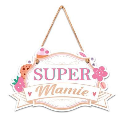[A3397] - Wooden Plaque 'Super Mamie' Shape Pink White - 18x18 Cm