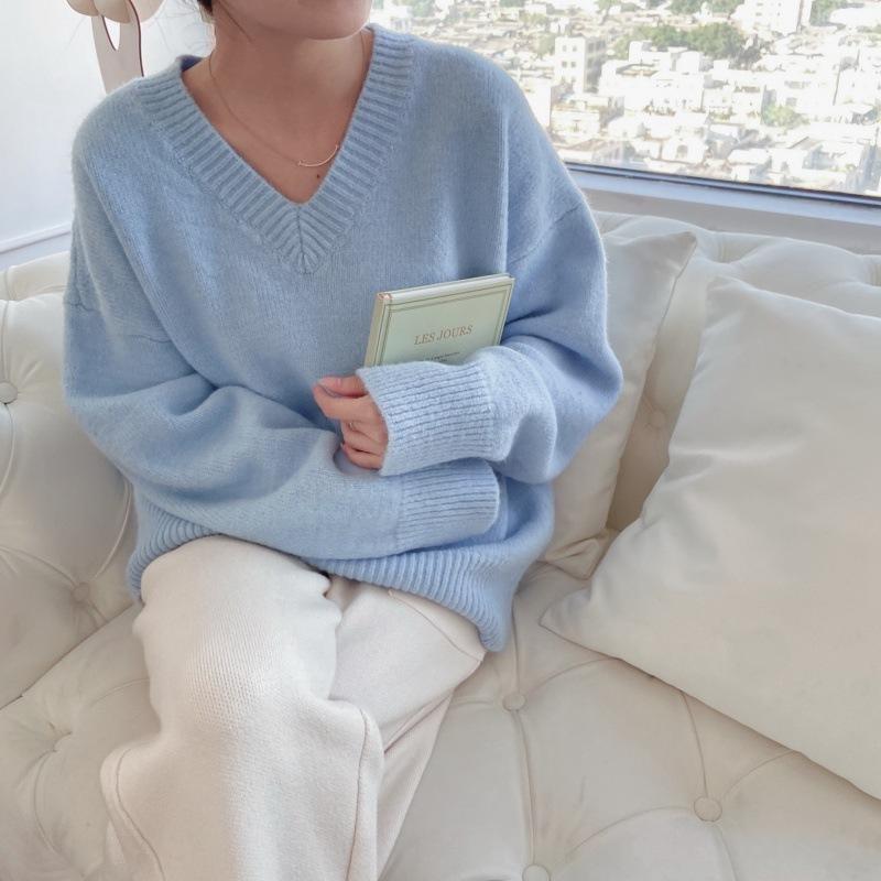 Mohair Gentle Jumper Sweater Women's Fall and Winter V-neck Pullover Loose Lazy Wind Soft Knitted Long-sleeved Blouse