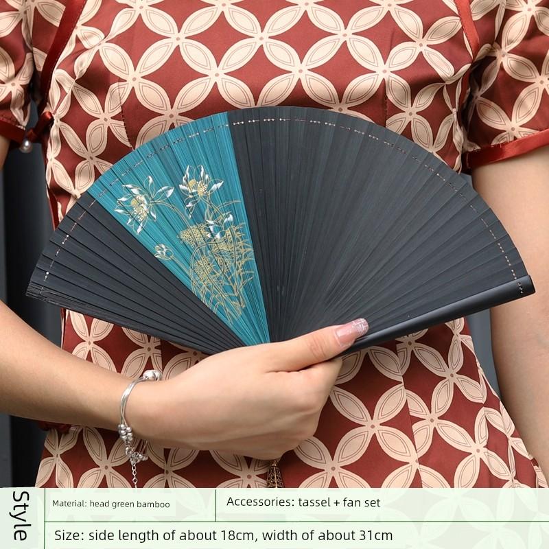 Fan Full Bamboo Folding Fan Carved Foldable Mini Fan Small Size Portable Chinese Style Chinese Ancient Style Dance Fan Green for Women