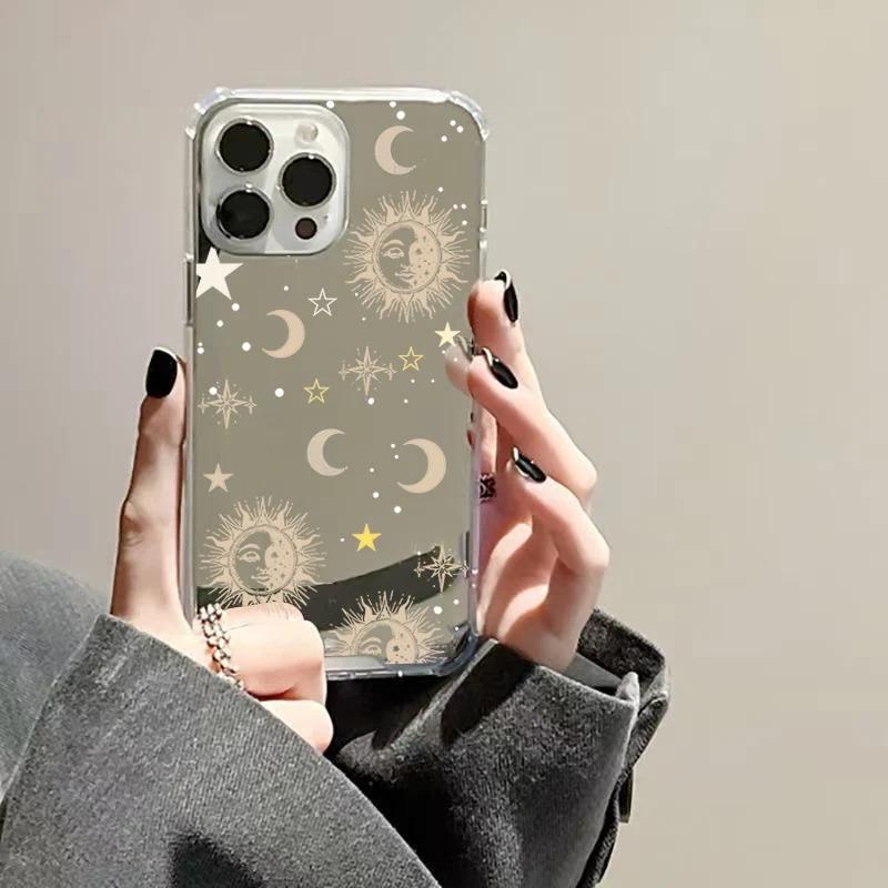 Sun Moon Pattern Phone Case For iPhone 11 12 13 14 15 16 17 Pro Max XS X XR 7 8 Plus Make Up Mirror Shockproof Soft Cover