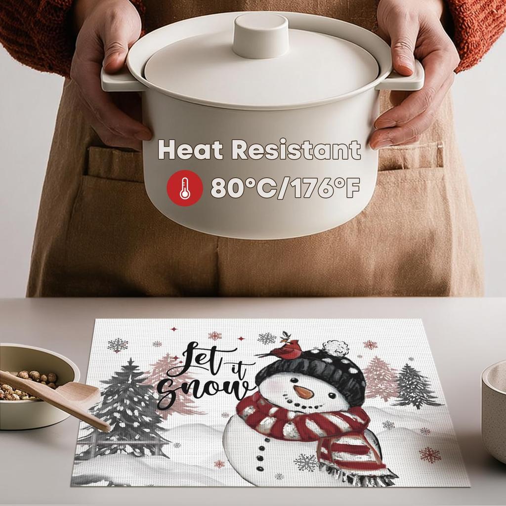 Snowman Vinyl Christmas Placemats Set of 4, 12x18 Inch Washable Plastic Non-Slip Winter Table Mats for Party Kitchen Dining Decor