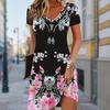 Summer Fashion Women's V Neck Short Sleeve Beautiful Flowers Printed  Dress Sex Short Skirt Dresses
