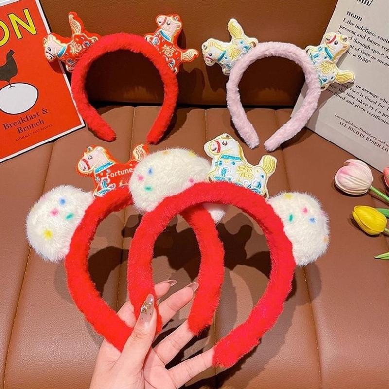 Cute Cartoon Plush Pony Headband Red Lucky Headwear Year Of Horse Mascot Hair Band   Year Hair Accessories Gifts