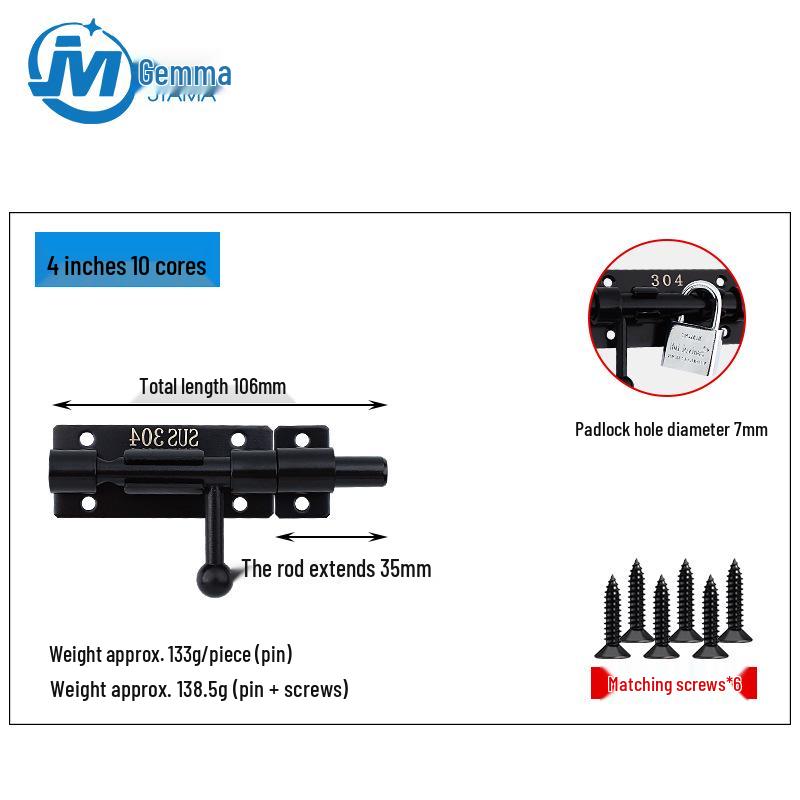 Reinforced Black 304 Stainless Steel Door Bolt, Thickened Top and Bottom Lock, Fat Boy Design