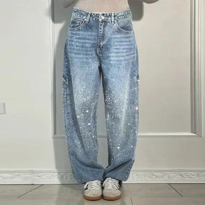 Fashionable Rhinestone Women's Jeans Y2K Street Super Large Glittering Women's Wide Leg Pants Spring Summer Women's Jeans