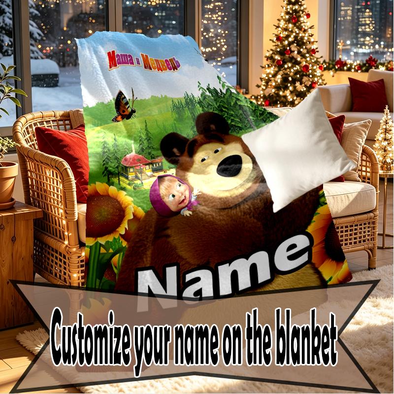 Custom Name Personalized Masha and The Bear Print Blankets, Home Decor, Bedroom, Sofa, Camping, Couch, Gifts for Birthday Christmas