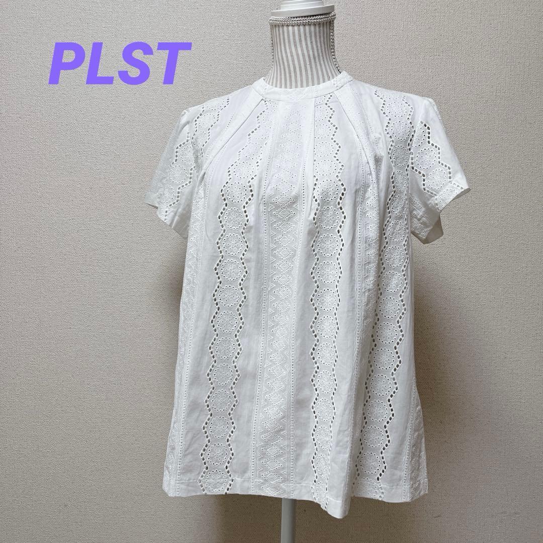 Plaste short sleeve blouse cutwork band collar white size S