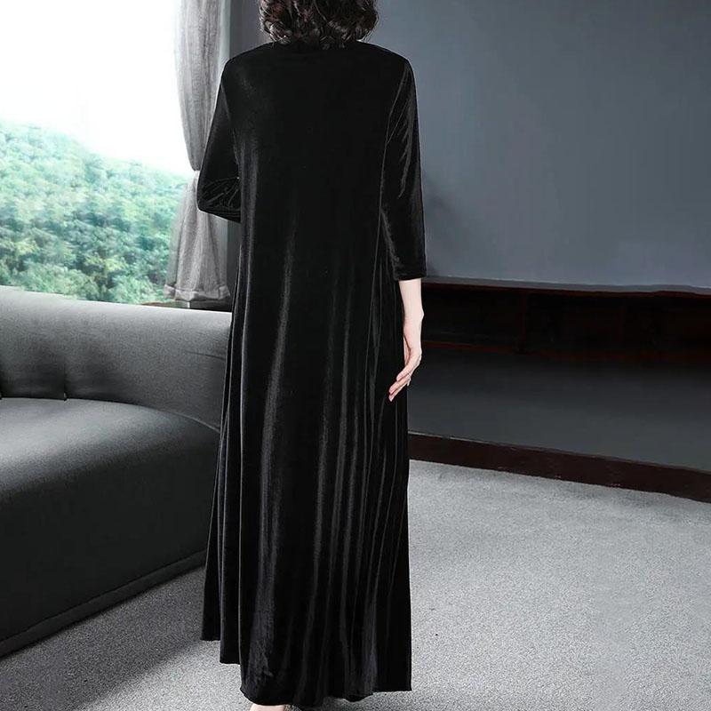 Women's Plus Size Dress Spring Autumn Long Gold Velvet Dress Loose Retro A-Line Dress