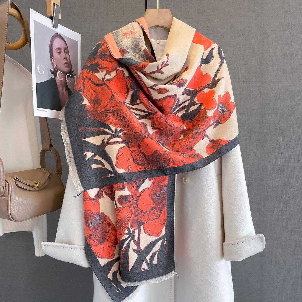 Luxury Warm Floral Scarf For Women 65*185cm Long Tassel Pashmina Shawl Faux Cashmere Warps Autumn Winter High Quality Blanket