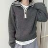 Women's Korean Style Color Block Wool Sweater - Loose Fit Half-Zip Knitwear for Autumn/Winter