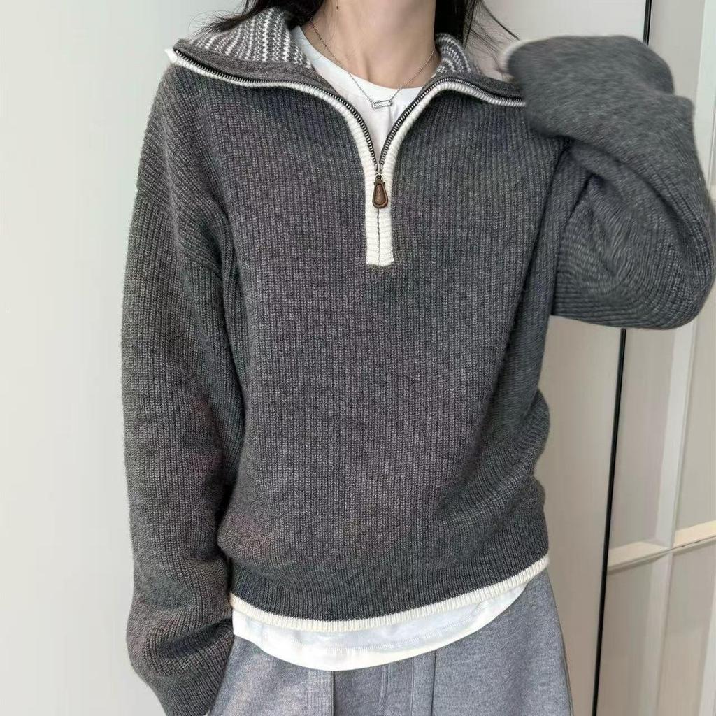 Women's Korean Style Color Block Wool Sweater - Loose Fit Half-Zip Knitwear for Autumn/Winter