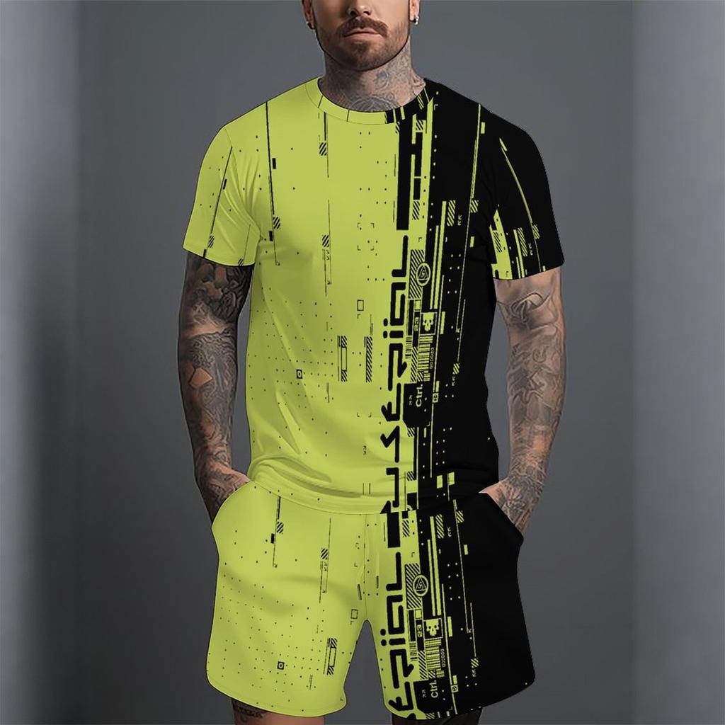 Men Black Grey Gradient Short Sleeve T Shirt And Matching Knee Shorts Two Piece Outfit