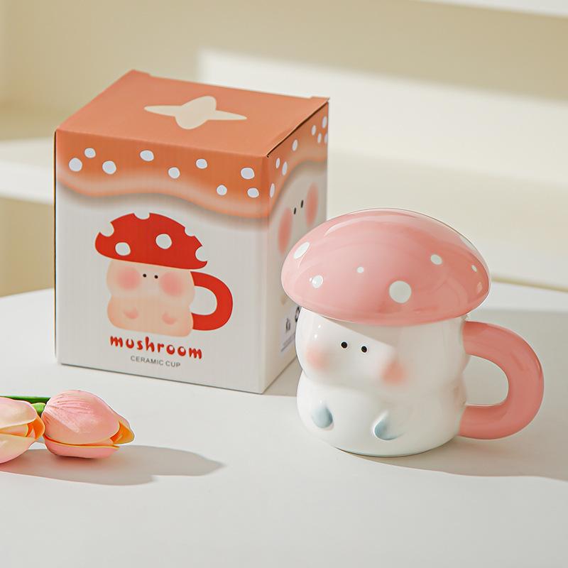 Girl's heart cartoon cute mushroom ceramic cup with lid souvenir high value creative ceramic mug coffee cup