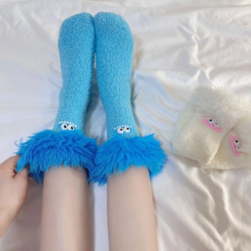 Women Girls Winter Thick Coral Fleece Cartoon Big Mouth Monster Plush Sleep Socks Warm Soft Home Socks