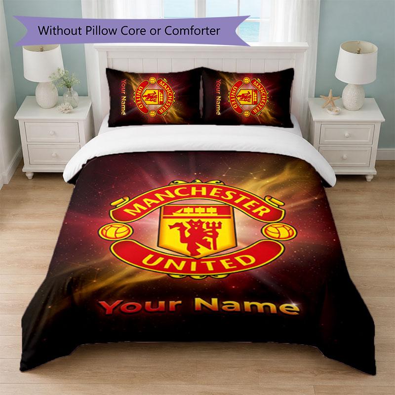 Set Biancheria da Letto Personalizzato Manchester United con Nome Testo 1 Copripiumino + 2 Federe Logo Calcio Regalo Personalizzato per Occasioni Speciali Decorazione Camera da Letto