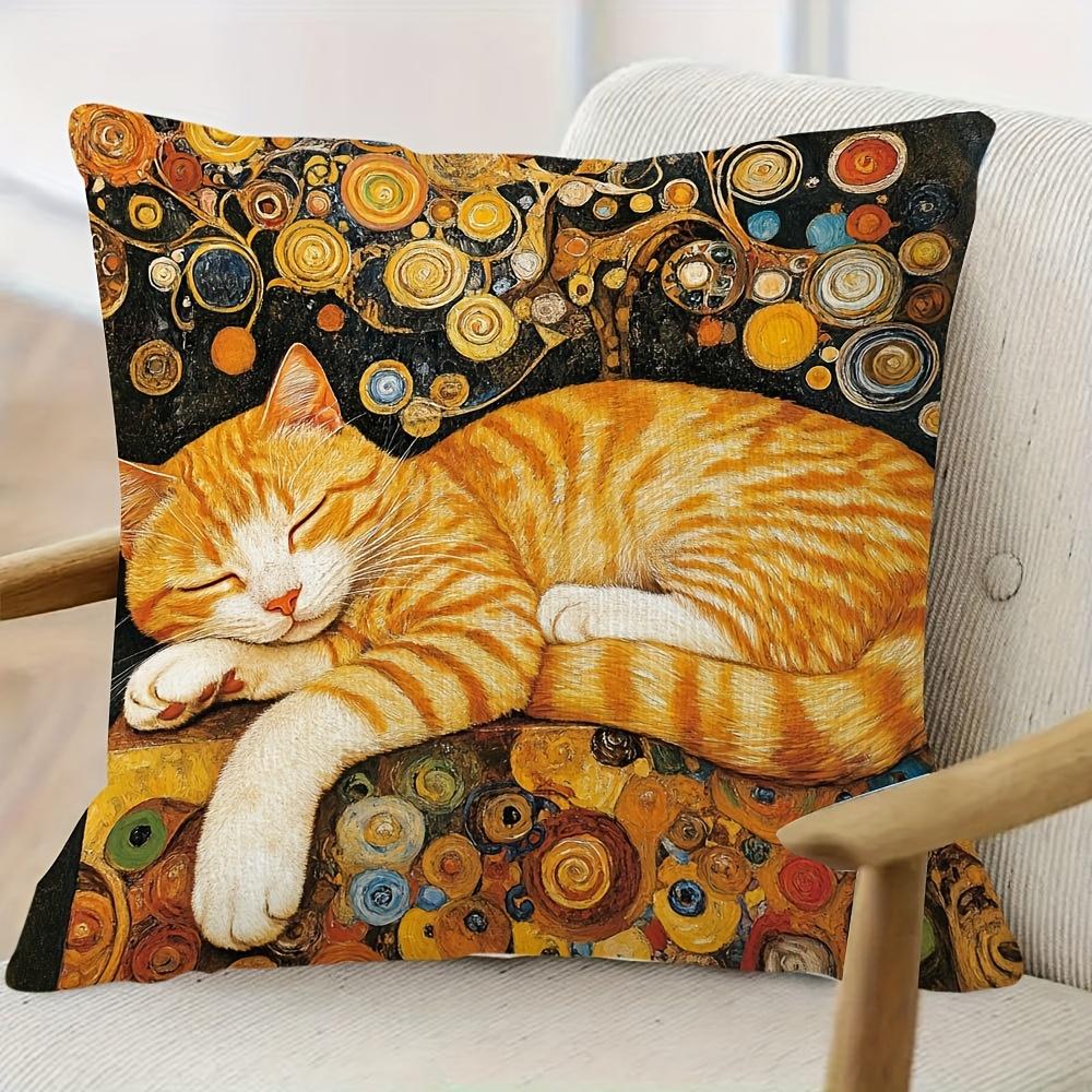 2D Flat- Vintage Art Nouveau Sleeping Ginger Cat Throw Pillow Cover Luxury Gustav Klimt Style Decorative Cushion Case