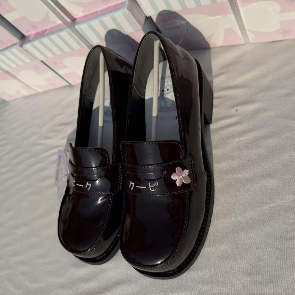 Preppy Gilrs Lolita JK Sewing Shoes,Female Students School Embroidered Cherry Block Kitten Heels Loafers