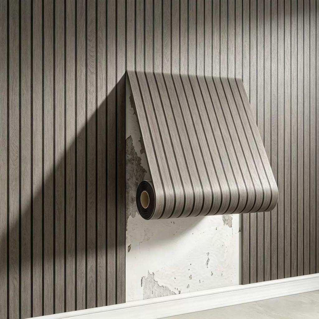 Self-adhesive Wood-grain Slat-effect Wall Sticker – 3D Grooved Grid-stripe Panel Wallpaper Roll