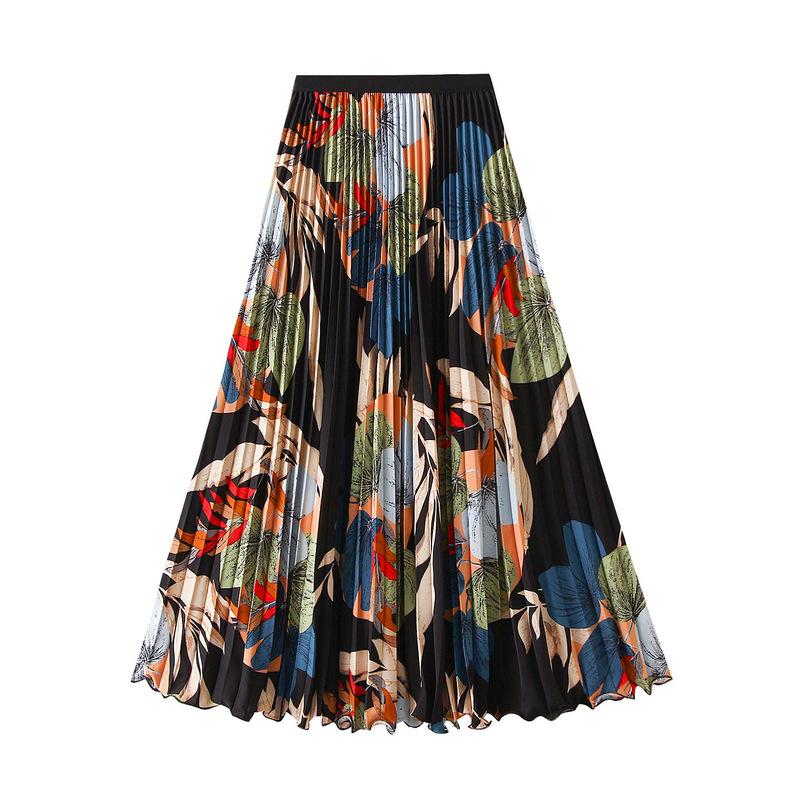 2026 Ретро Цветочная Женская Плиссированная Длинная Юбка - Весенне-Летнее Платье с Развевающимся Подолом (D9908) One size чёрный