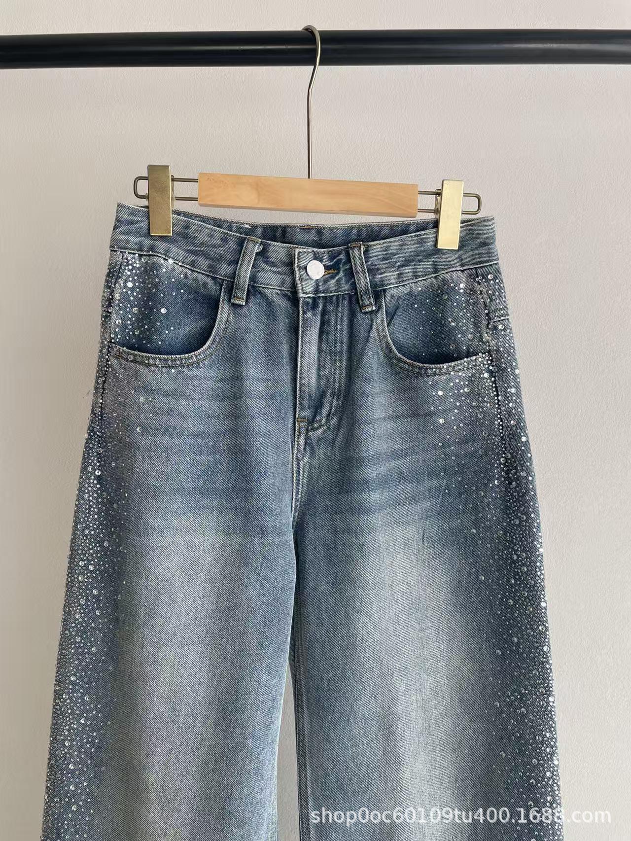 Celebrity Style 3D Rhinestone High-Waisted Wide-Leg Jeans for Women - Spring/Autumn Extra Small