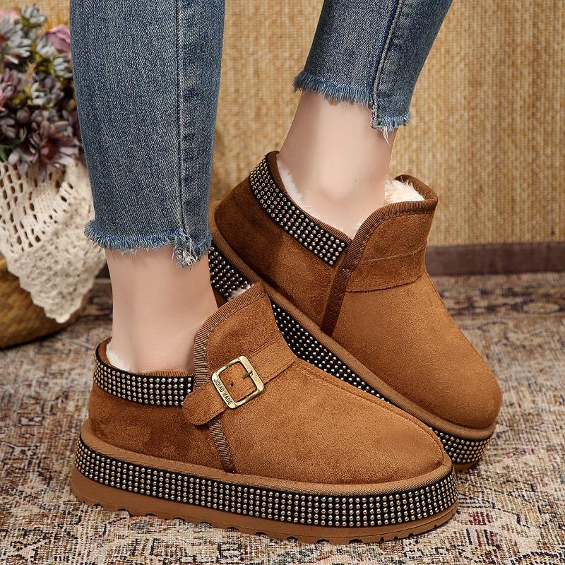Fashion Fashion New Cold-resistant Casual Short Boots Keep Warm In Winter Women's Thick-soled Rivets Sequined Buckle Design Snow Boots.