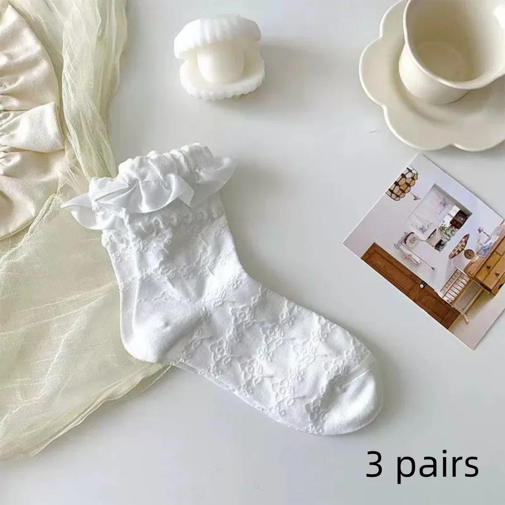 

3 Pairs Woman Lolita Cute Black White Socks Set Spring Summer Female Lady Girls Lace Kawaii Socks for Women One Size