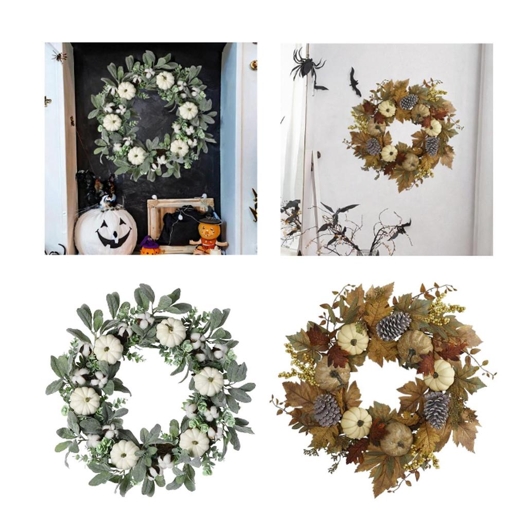 17.72inch Fall Wreath for Front Door Round with White Pumpkin for Holiday Indoor and Outdoor Living Room Housewarming Festival