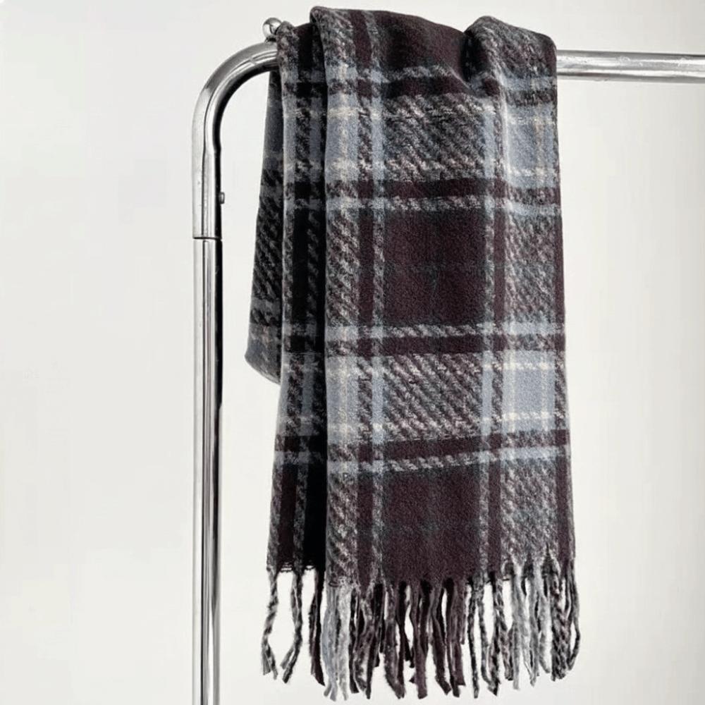 Plush Winter Cashmere Scarves Tassel Long Shawl Simple Plaid Wool Scarf Student