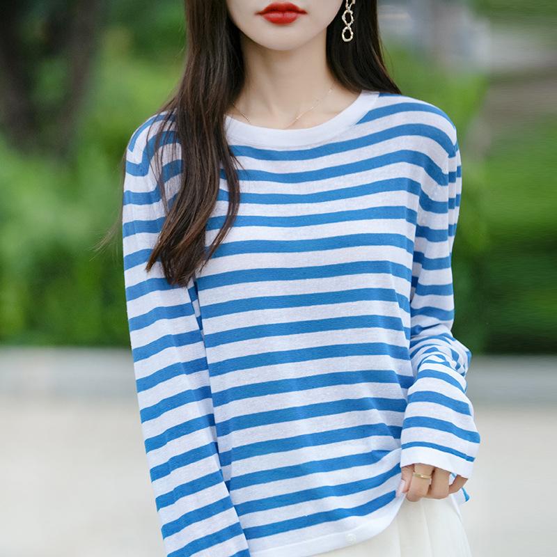 Spring New Style Round-neck Knitted Sweater, Long-sleeved, Color-blocked Striped Loose Pullover Base Layer