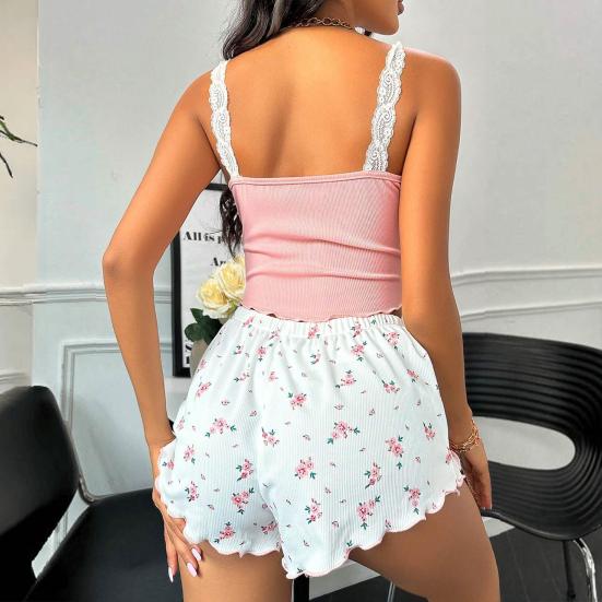 Women's 2 Piece Ribbed Pajama Set Sleeveless Lace Crop Cami Top And Tie Waist Shorts Set Summer Lounge Sleepwear Set