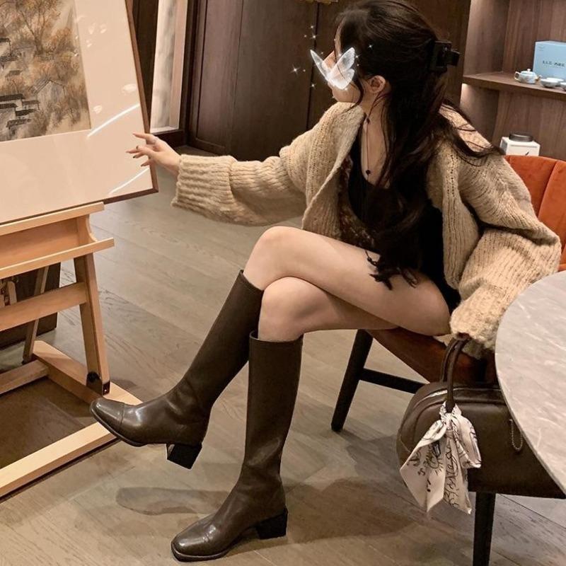 Cowhide~ Two versions of square head rear zipper thick heel elastic high boots women's thin short boots