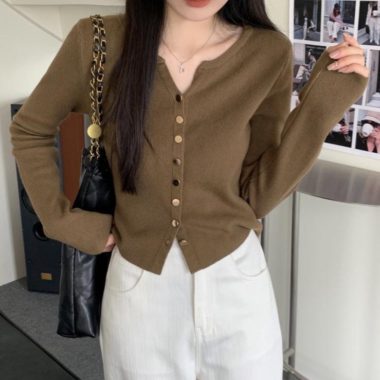 Korean Chic V-neck Knitted Cardigan Autumn and Winter Temperament Bottoming Top Women's Threaded Single-breasted Outer Long-sleeved Sweater