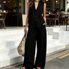 Damen 2-teiliges Leinen-Set Ärmelloses V-Ausschnitt Knopfleiste Tanktop und Weite Hosen Set Sommer Lässig Lounge Outfits