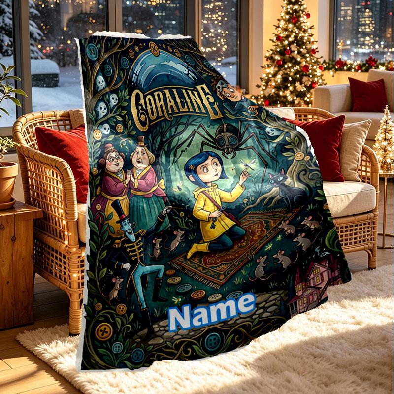 Custom Name Personalized Coraline Print Blanket, Home Decor, Bedroom, Sofa, Camping, Couch, Gifts for Birthday Christmas