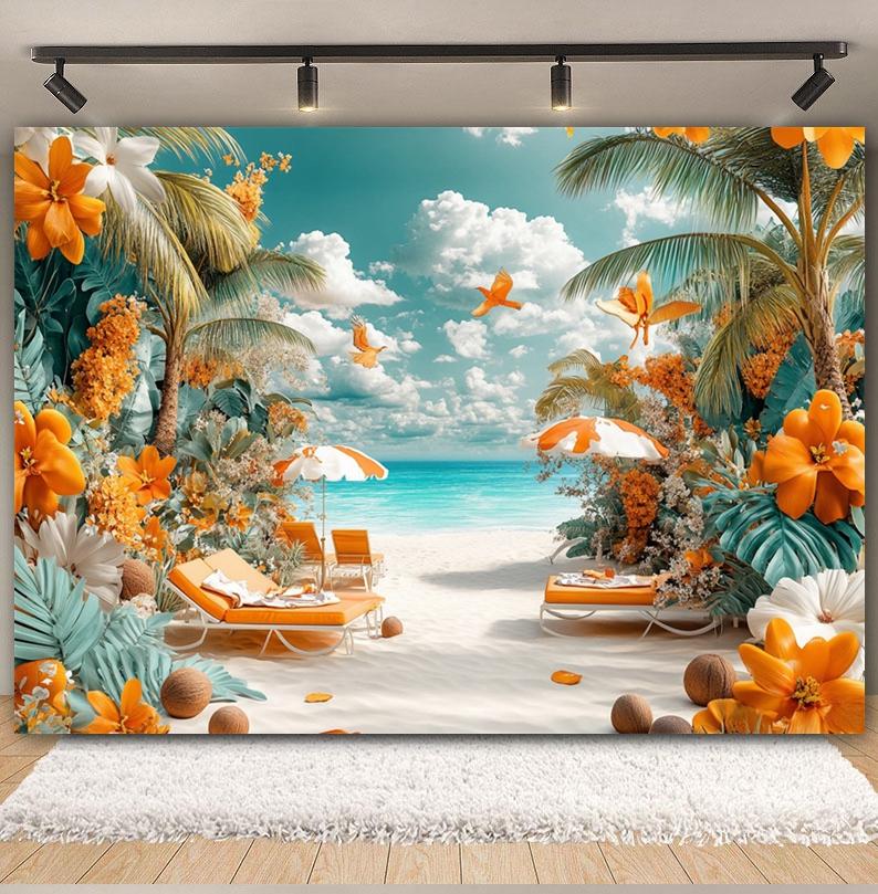 Summer Beach Backdrop Hawaii Tropical Seaside Sunshine Blue Sky Palm Tree Baby Birthday Holiday Party Photography Background