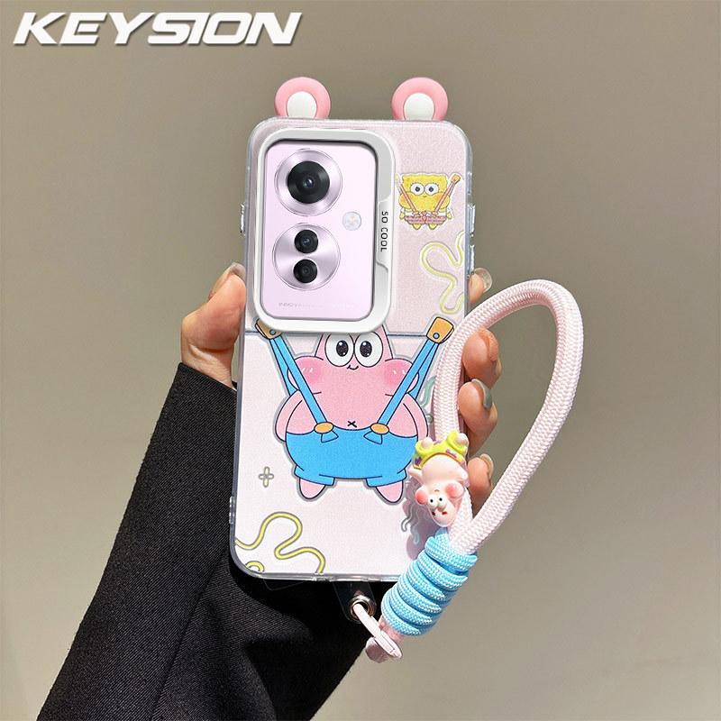 KEYSION Cute Ear Cartoon Case for OPPO Reno11 F 5G with Lanyard Soft Silicone+PC Shockproof Phone Back Cover for OPPO Reno 11F 5G