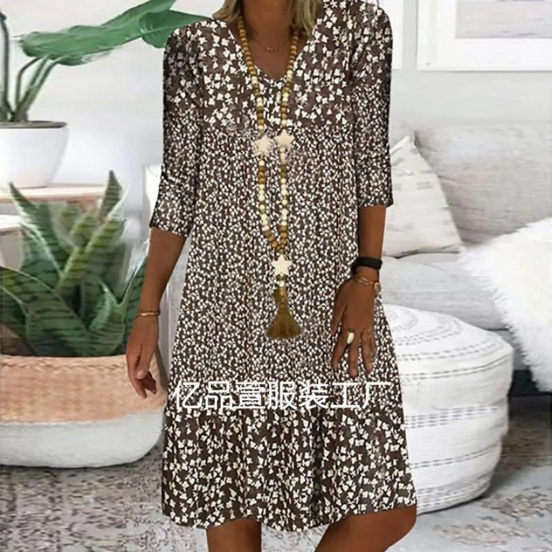 Women's Summer Printed Mid Sleeve V-Neck Midi Dresses