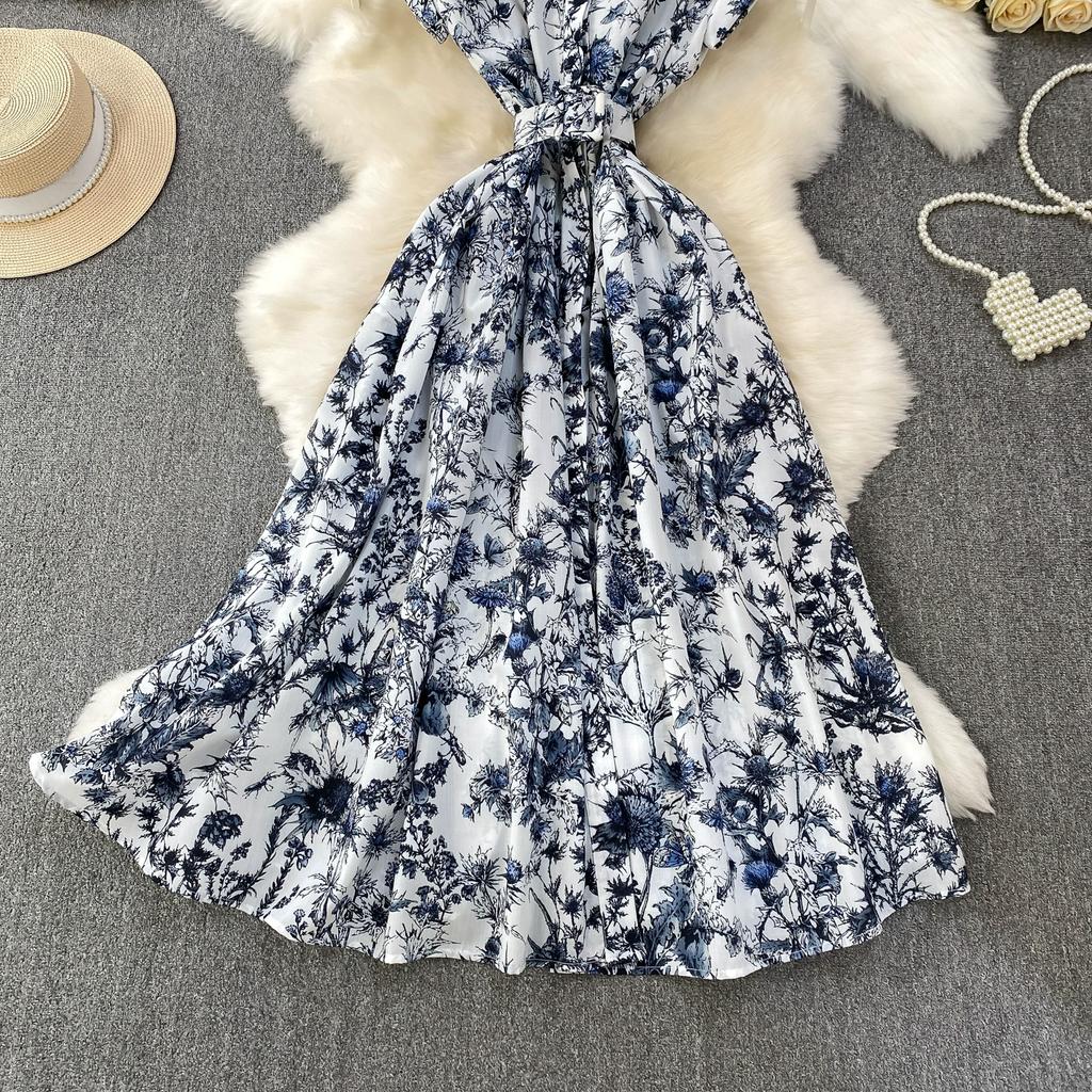 Sommer Damen Casual Kurzarm Umlegekragen Einreiher Lang Midi Print Partykleider mit Gürtel